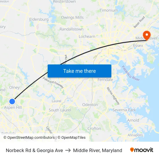 Norbeck Rd & Georgia Ave to Middle River, Maryland map