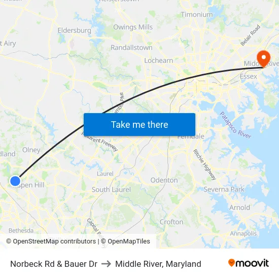 Norbeck Rd & Bauer Dr to Middle River, Maryland map