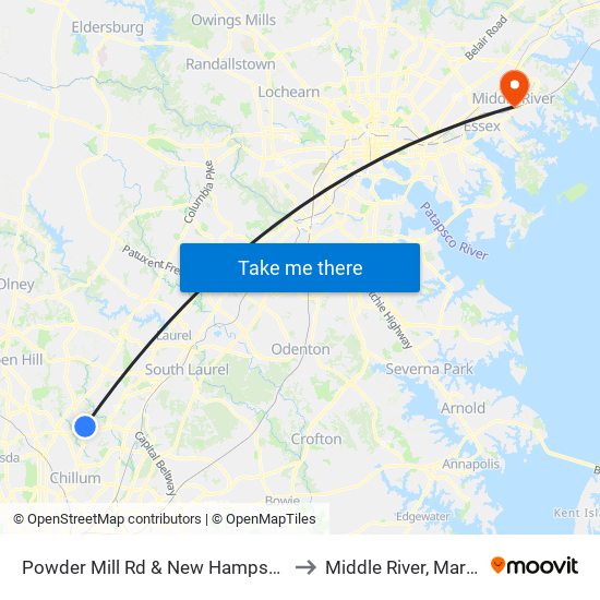 Powder Mill Rd & New Hampshire Ave to Middle River, Maryland map