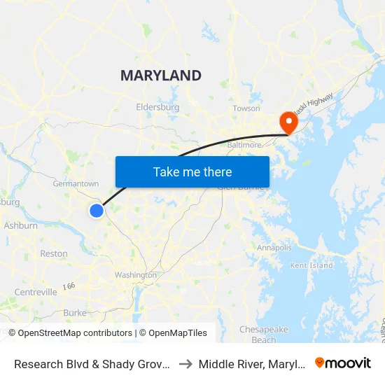 Research Blvd & Shady Grove Rd to Middle River, Maryland map