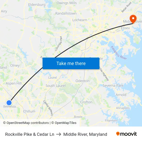 Rockville Pike & Cedar Ln to Middle River, Maryland map