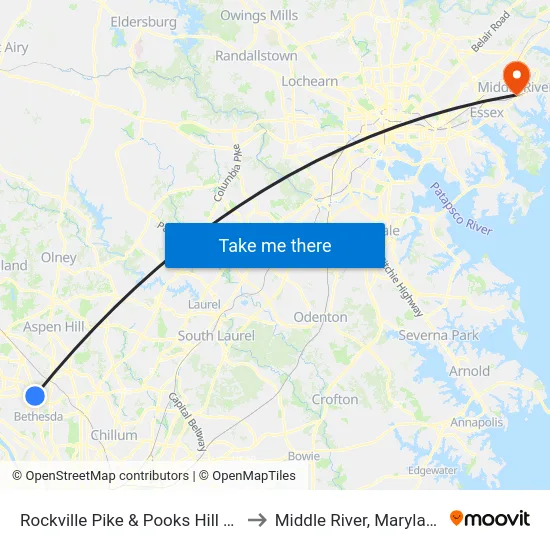 Rockville Pike & Pooks Hill Rd to Middle River, Maryland map