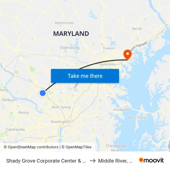 Shady Grove Corporate Center & Corporate Blvd to Middle River, Maryland map