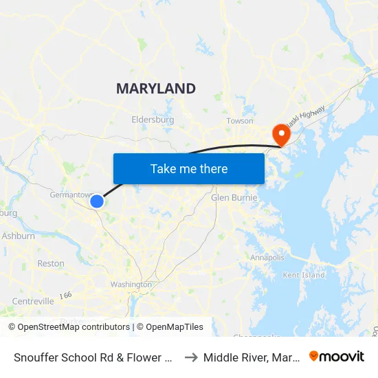 Snouffer School Rd & Flower Hill Way to Middle River, Maryland map