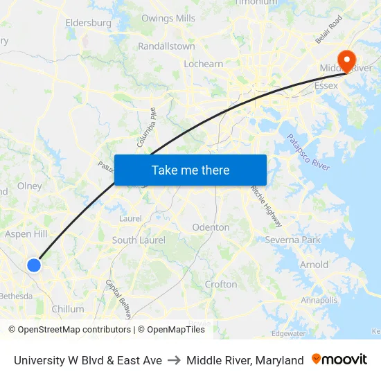 University W Blvd & East Ave to Middle River, Maryland map