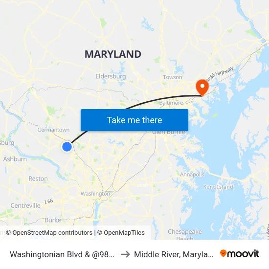 Washingtonian Blvd & @9801 to Middle River, Maryland map