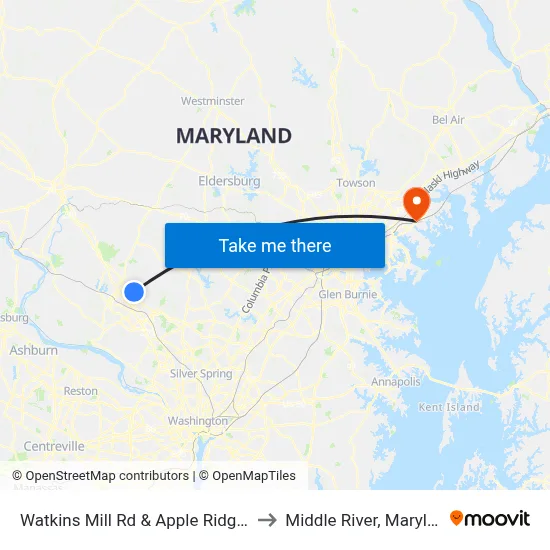Watkins Mill Rd & Apple Ridge Rd to Middle River, Maryland map