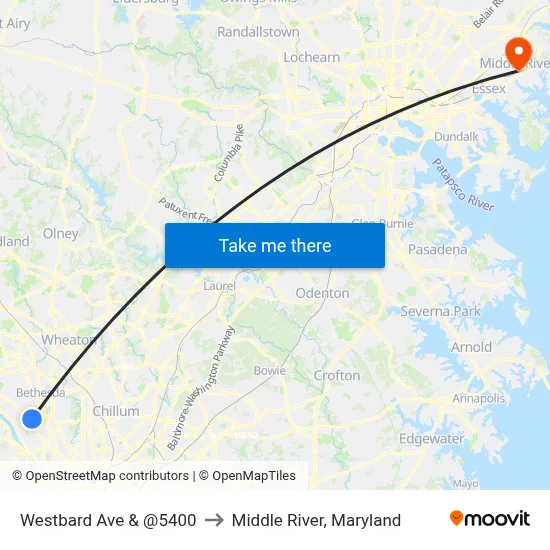 Westbard Ave & @5400 to Middle River, Maryland map
