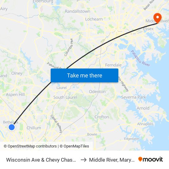 Wisconsin Ave & Chevy Chase Blvd to Middle River, Maryland map