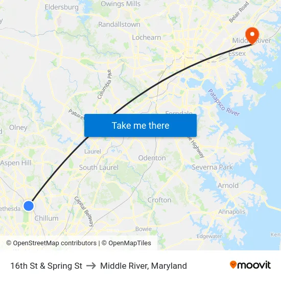 16th St & Spring St to Middle River, Maryland map