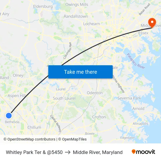 Whitley Park Ter & @5450 to Middle River, Maryland map