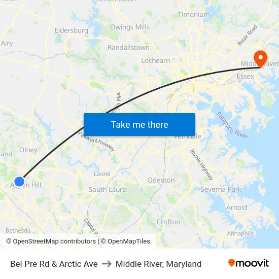 Bel Pre Rd & Arctic Ave to Middle River, Maryland map