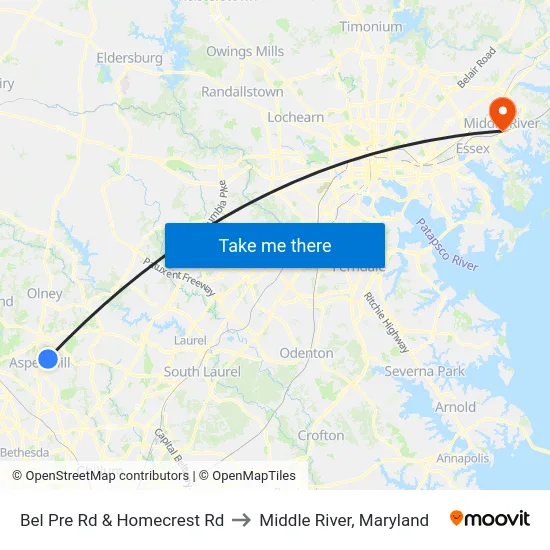 Bel Pre Rd & Homecrest Rd to Middle River, Maryland map