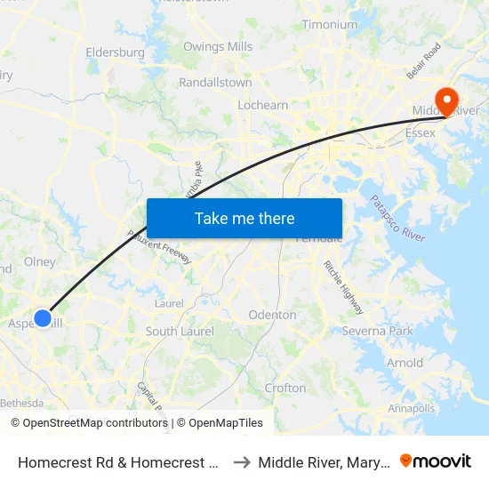 Homecrest Rd & Homecrest House to Middle River, Maryland map