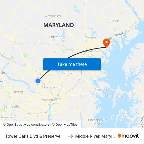 Tower Oaks Blvd & Preserve Pkwy to Middle River, Maryland map