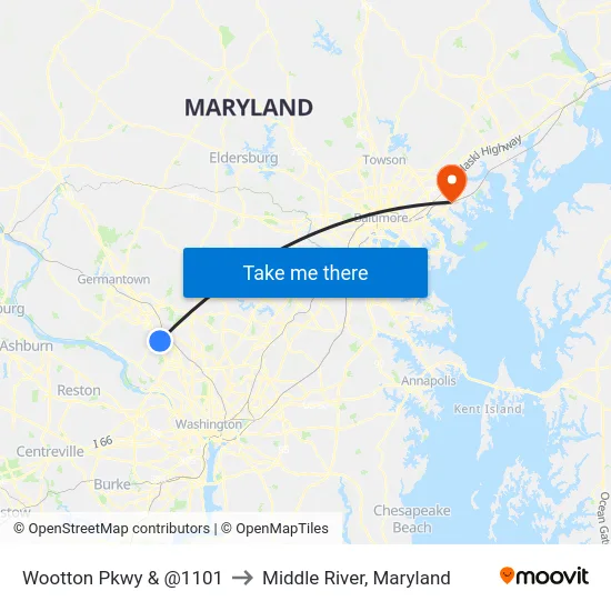 Wootton Pkwy & @1101 to Middle River, Maryland map