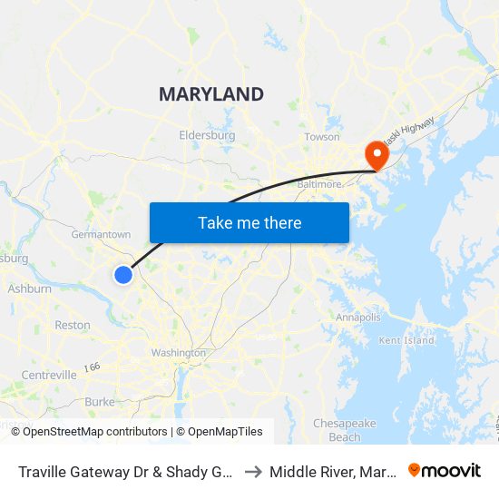 Traville Gateway Dr & Shady Grove Rd to Middle River, Maryland map