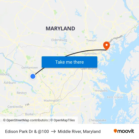 Edison Park Dr & @100 to Middle River, Maryland map
