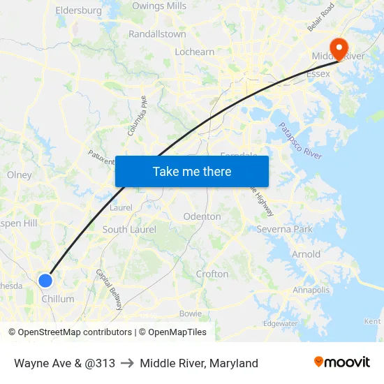 Wayne Ave & @313 to Middle River, Maryland map