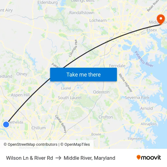 Wilson Ln & River Rd to Middle River, Maryland map