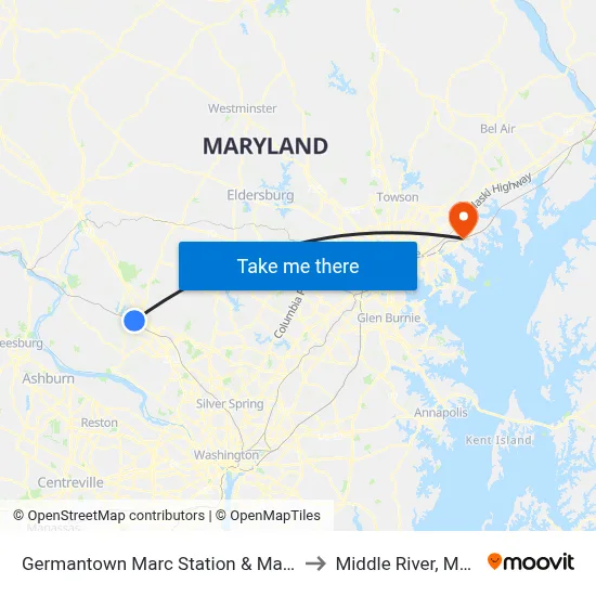 Germantown Marc Station & Mateny Hill Rd to Middle River, Maryland map