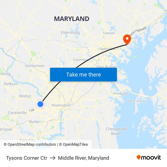 Tysons Corner Ctr to Middle River, Maryland map