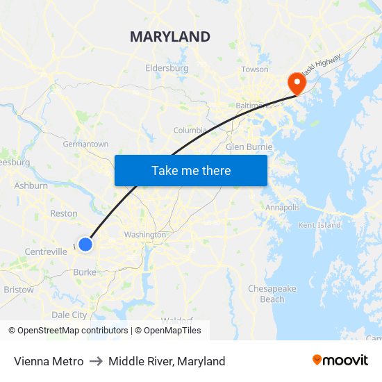 Vienna Metro to Middle River, Maryland map