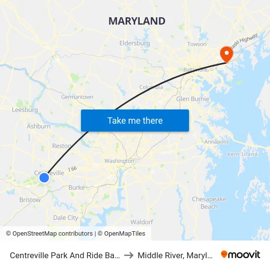 Centreville Park And Ride Bay A to Middle River, Maryland map