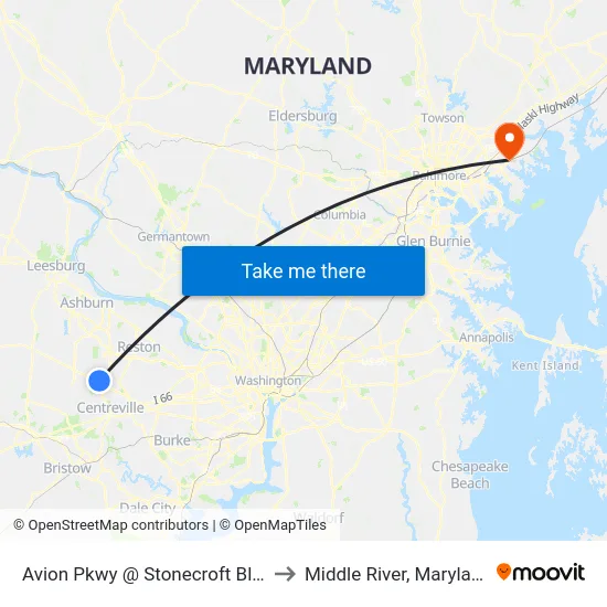 Avion Pkwy @ Stonecroft Blvd to Middle River, Maryland map