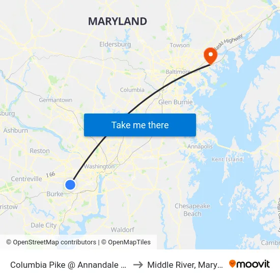 Columbia Pike @ Annandale Ctr Dr to Middle River, Maryland map