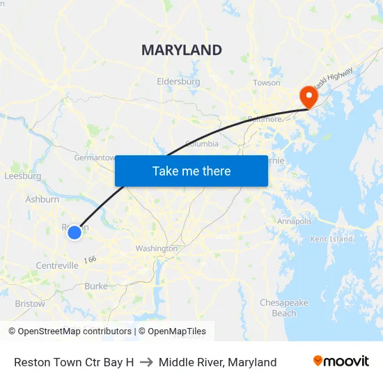 Reston Town Ctr Bay H to Middle River, Maryland map