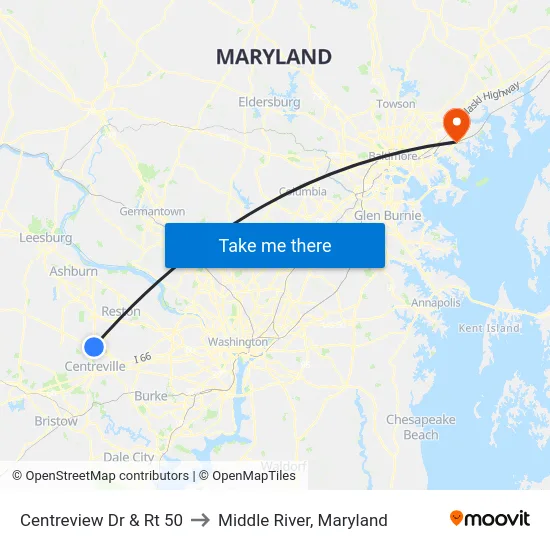 Centreview Dr & Rt 50 to Middle River, Maryland map