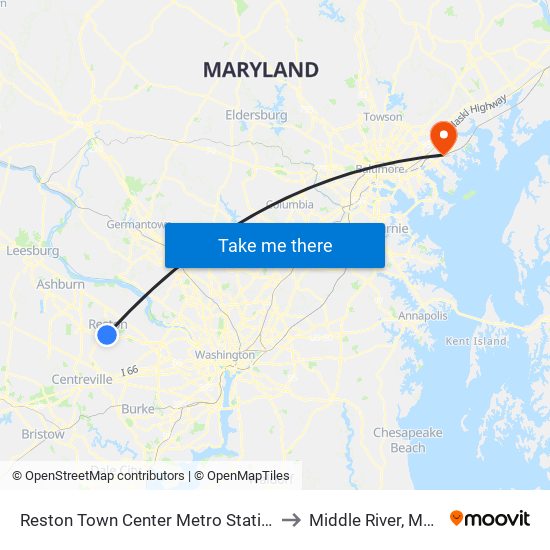 Reston Town Center Metro Station S Bay B to Middle River, Maryland map