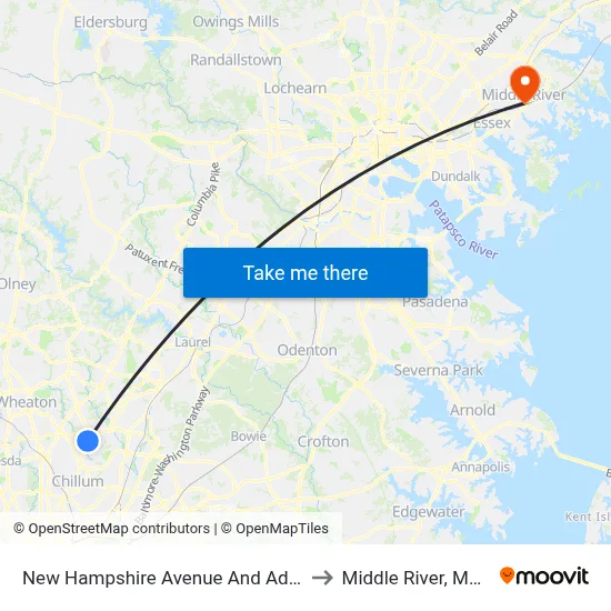 New Hampshire Avenue And Adelphi Road to Middle River, Maryland map