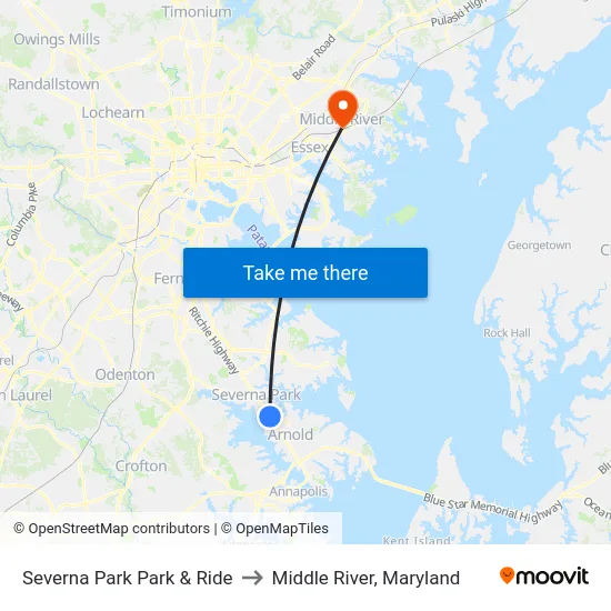 Severna Park Park & Ride to Middle River, Maryland map