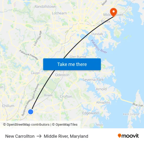 New Carrollton to Middle River, Maryland map