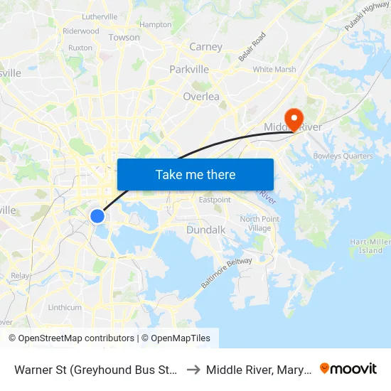 Warner St (Greyhound Bus Station) to Middle River, Maryland map