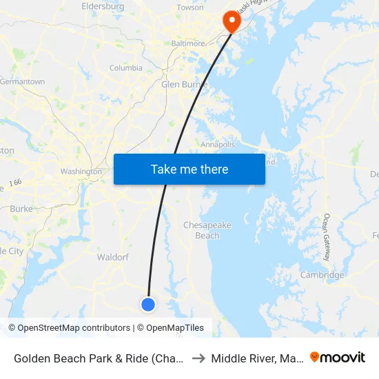 Golden Beach Park & Ride (Charlotte Hall) to Middle River, Maryland map