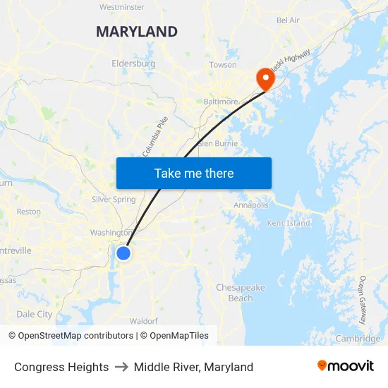 Congress Heights to Middle River, Maryland map
