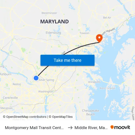 Montgomery Mall Transit Center & Bay A to Middle River, Maryland map