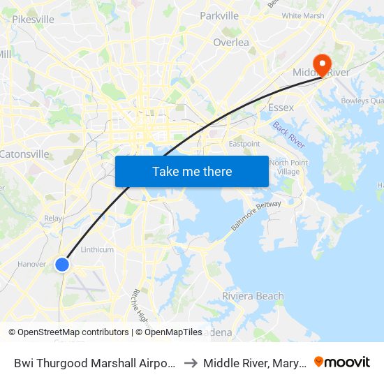 Bwi Thurgood Marshall  Airport, Md to Middle River, Maryland map