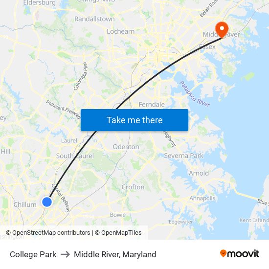 College Park to Middle River, Maryland map