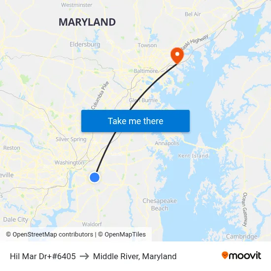 Hil Mar Dr+#6405 to Middle River, Maryland map