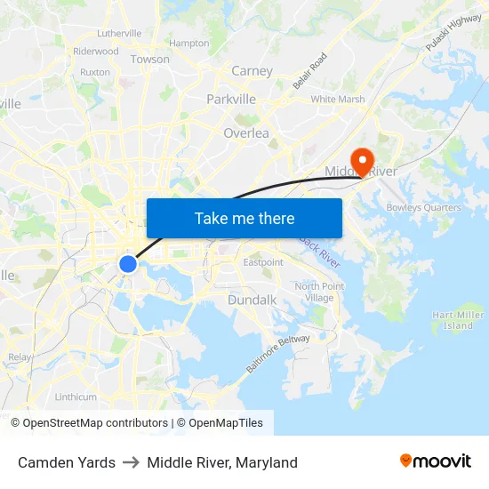 Camden Yards to Middle River, Maryland map
