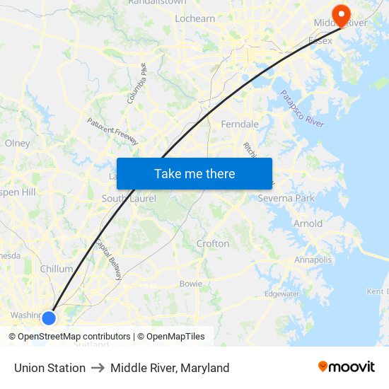 Union Station to Middle River, Maryland map