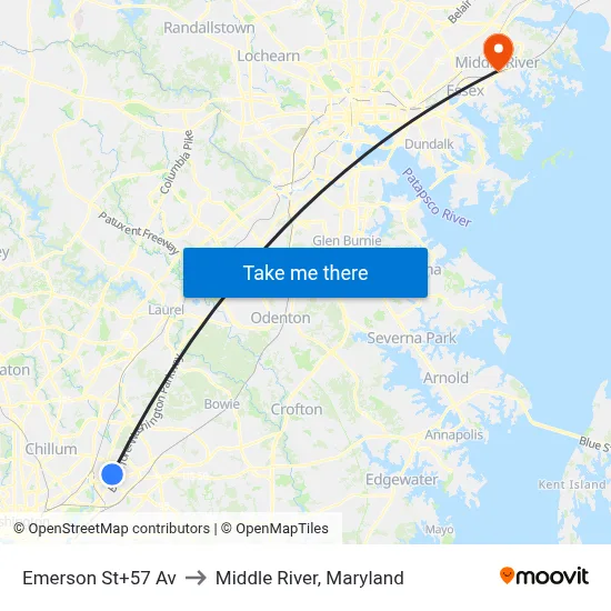 Emerson St+57 Av to Middle River, Maryland map