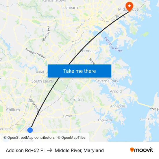 Addison Rd+62 Pl to Middle River, Maryland map