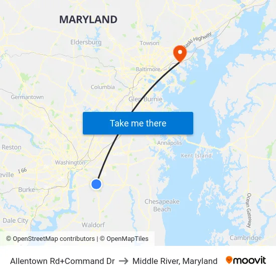 Allentown Rd+Command Dr to Middle River, Maryland map