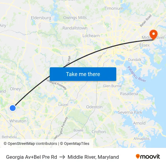 Georgia Av+Bel Pre Rd to Middle River, Maryland map