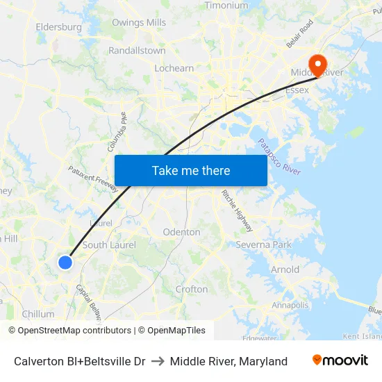 Calverton Bl+Beltsville Dr to Middle River, Maryland map